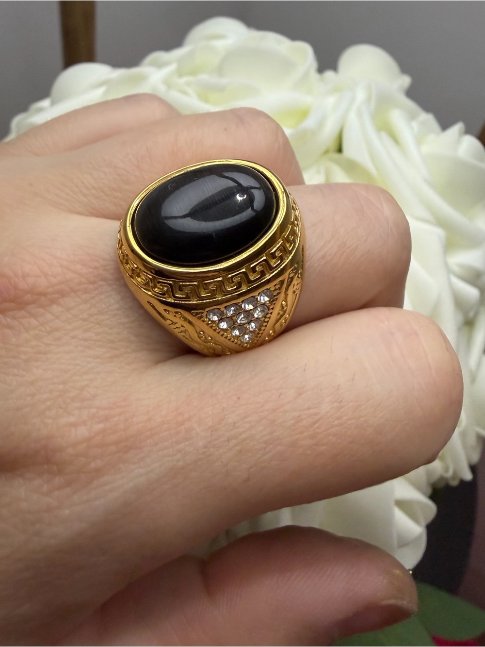 Gold Tone Black Cabochon Statement Ring